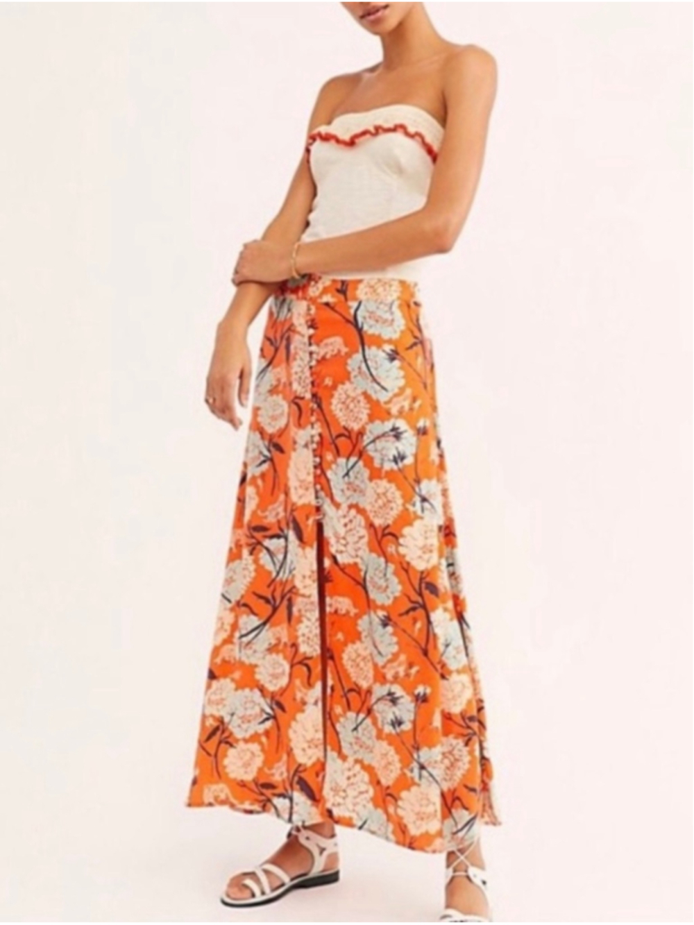 Women's Free People Floral Maxi Skirt Size S Orange White Button Front